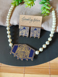 Navy Blue Hand-Painted Choker Necklace Set with Pearls Design 2