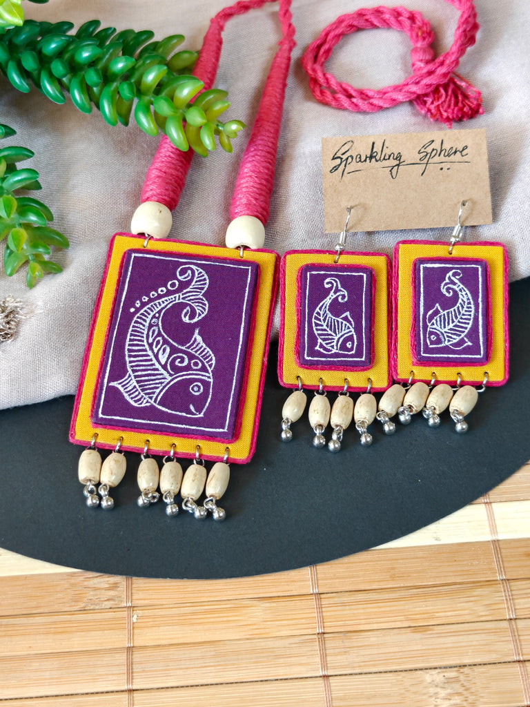 Meenakriti - Purple Yellow Fish Motif Hand-painted Necklace Set