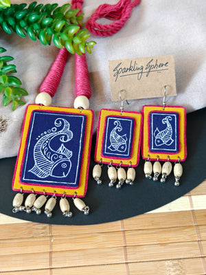 Meenakriti - Blue Yellow Fish Motif Hand-painted Necklace Set