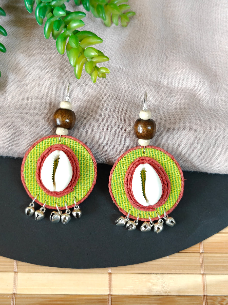 Round Lime Green & Red Earrings with Coweri and Ghungroo Details