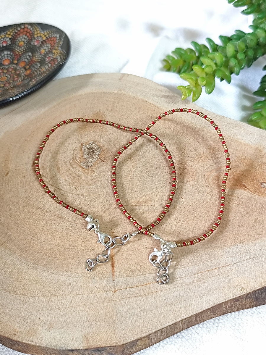 Golden & Red Seed Beads Anklet Pair