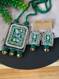 Suparna - Dark Green Fabric Hand-painted Necklace Set with Bird  Motif and Brass Ghungroo