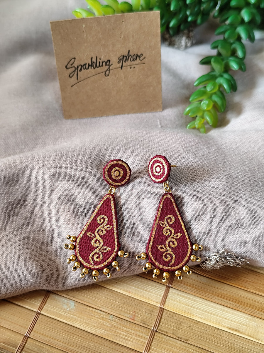 Maroon Hand-painted Earrings with Golden Motif Drop Shape and Beads