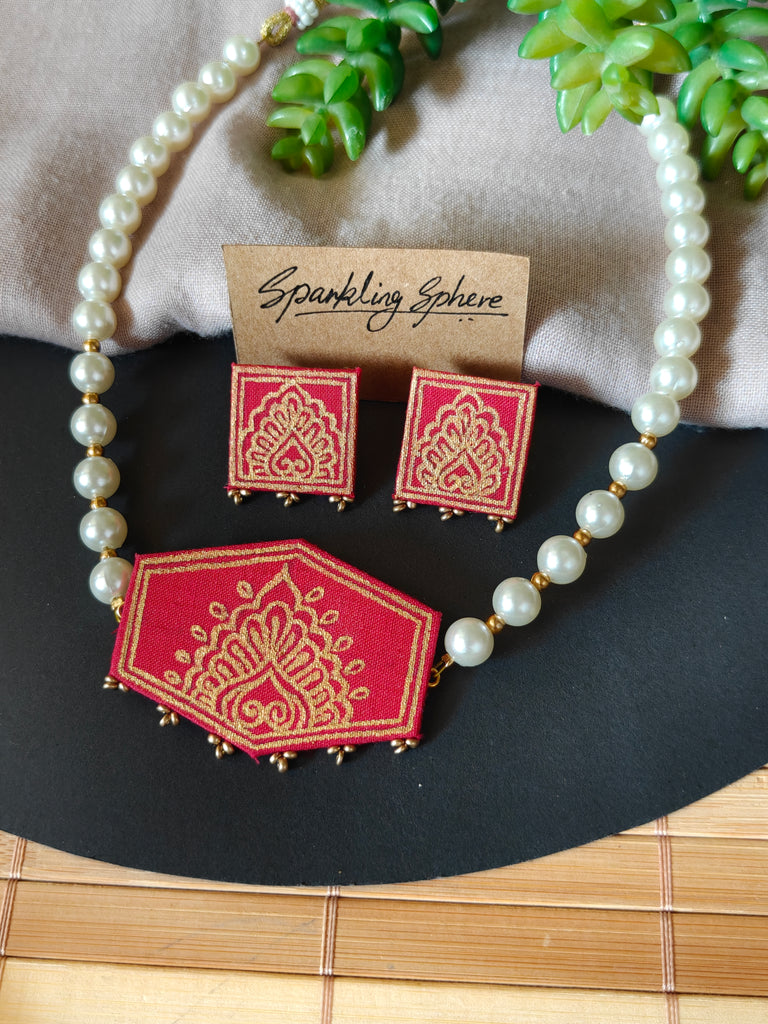 Pink Hand-Painted Choker Necklace Set with Pearls Design 1