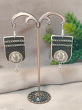 Black & Off-white Earrings with Coin and Chain Details