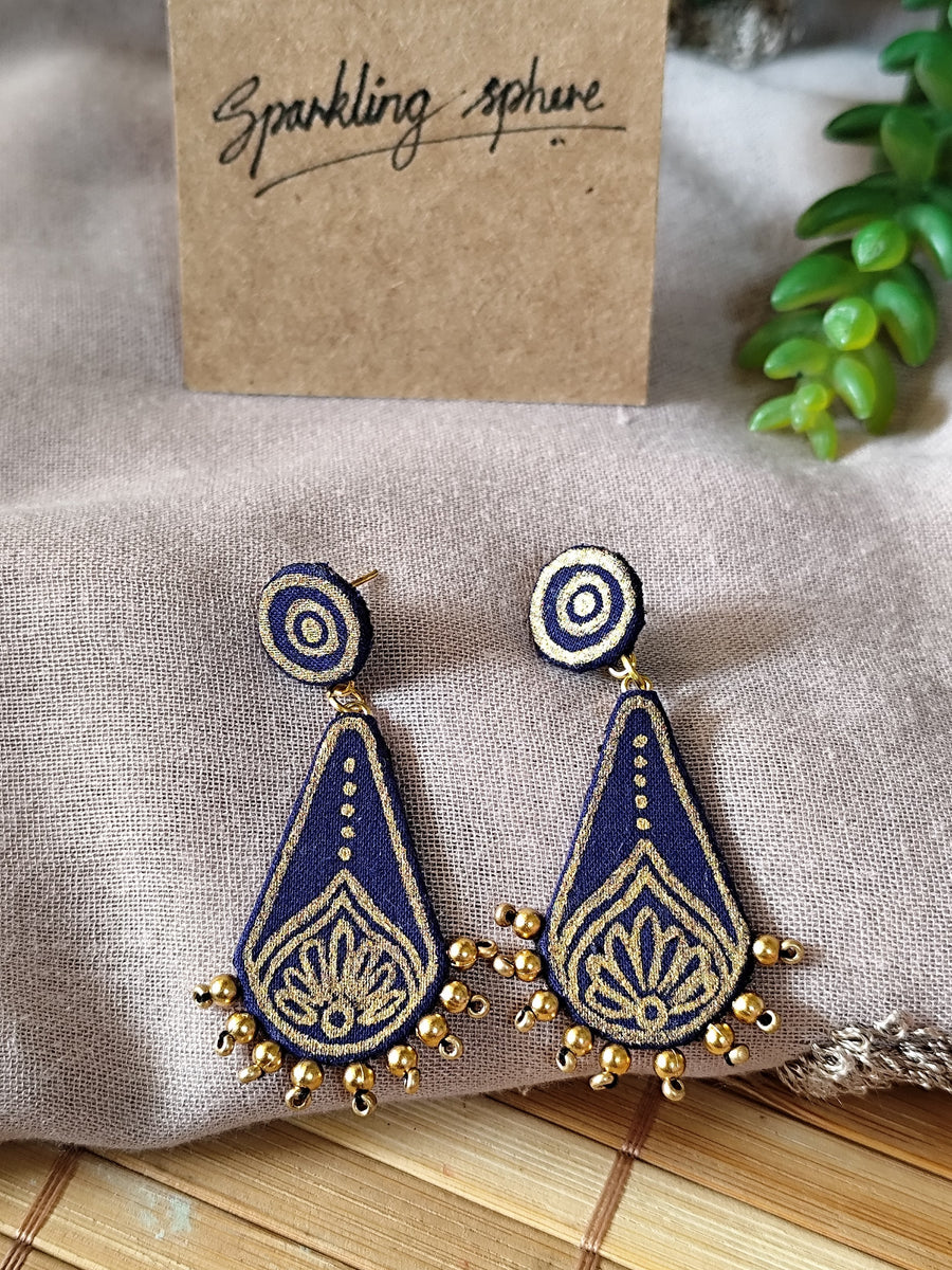 Navy Blue Hand-painted Earrings with Golden Motif Drop Shape and Beads