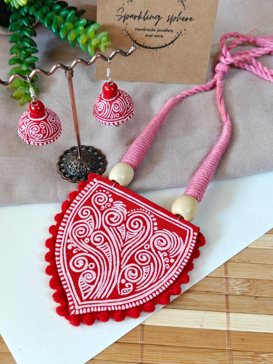 Revaa Wind Inspired - Red & Pink Hand-painted Design on Fabric Jewellery
