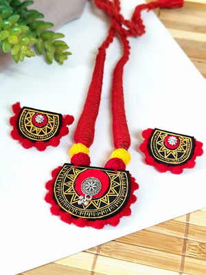 Black Hand painted Sun Motif Necklace Set with Red Thread details
