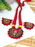 Black Hand painted Sun Motif Necklace Set with Red Thread details