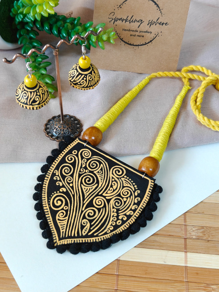 Revaa Wind Inspired - Black & Yellow Hand-painted Design on Fabric Jewellery