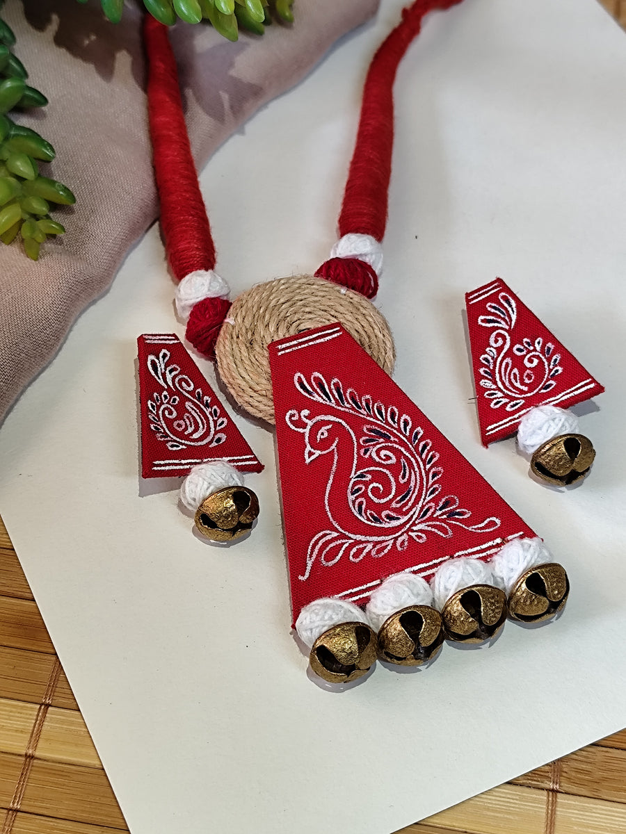 Red Hand painted Peacock Motif Necklace Set with Jute & Ghungroo details