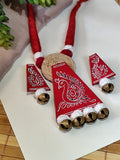 Red Hand painted Peacock Motif Necklace Set with Jute & Ghungroo details