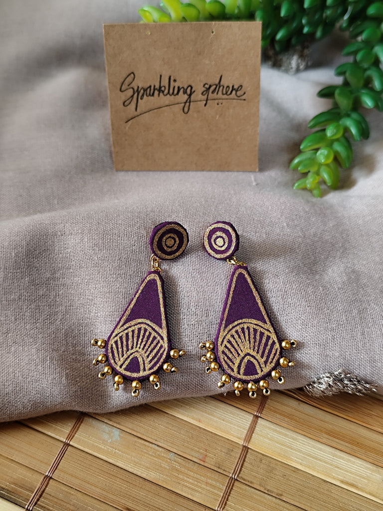 Purple Hand-painted Earrings with Golden Motif Drop Shape and Beads