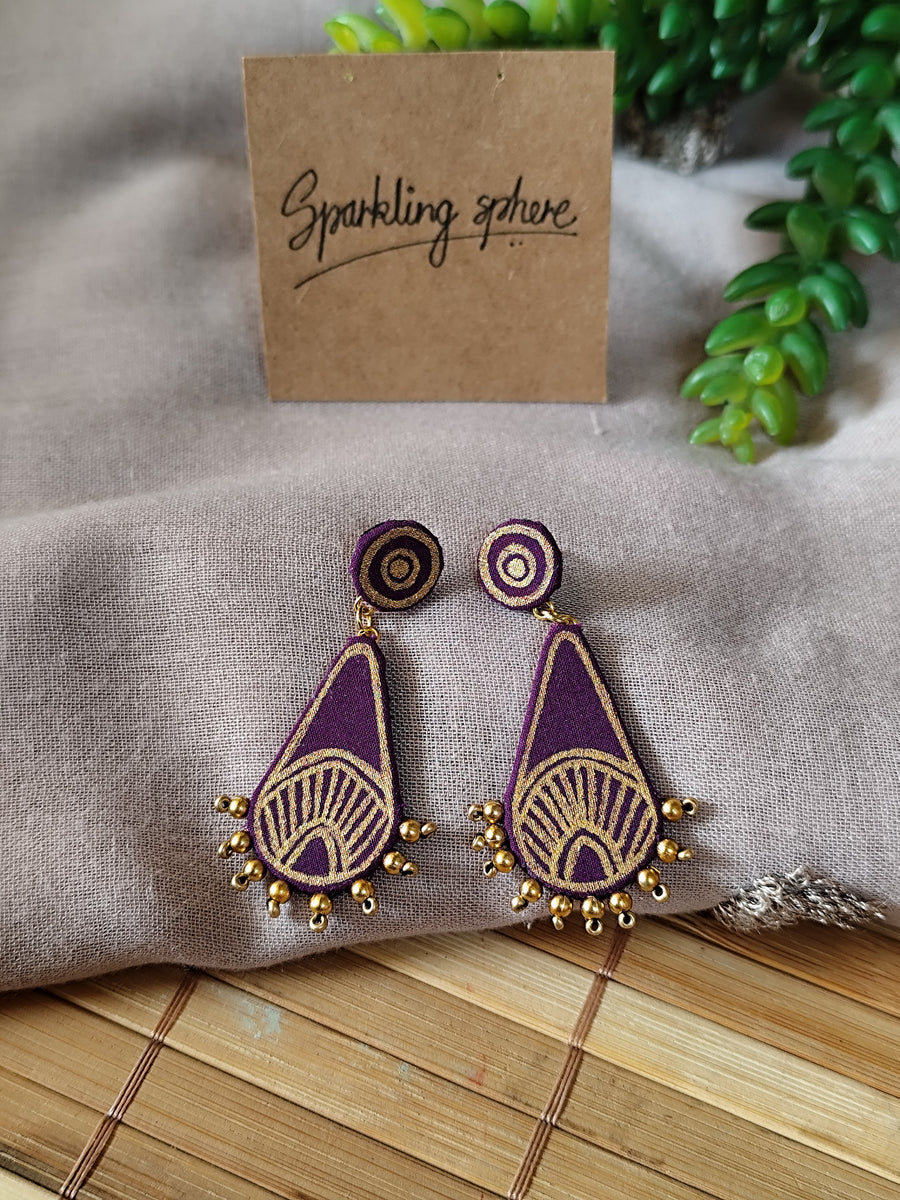 Purple Hand-painted Earrings with Golden Motif Drop Shape and Beads