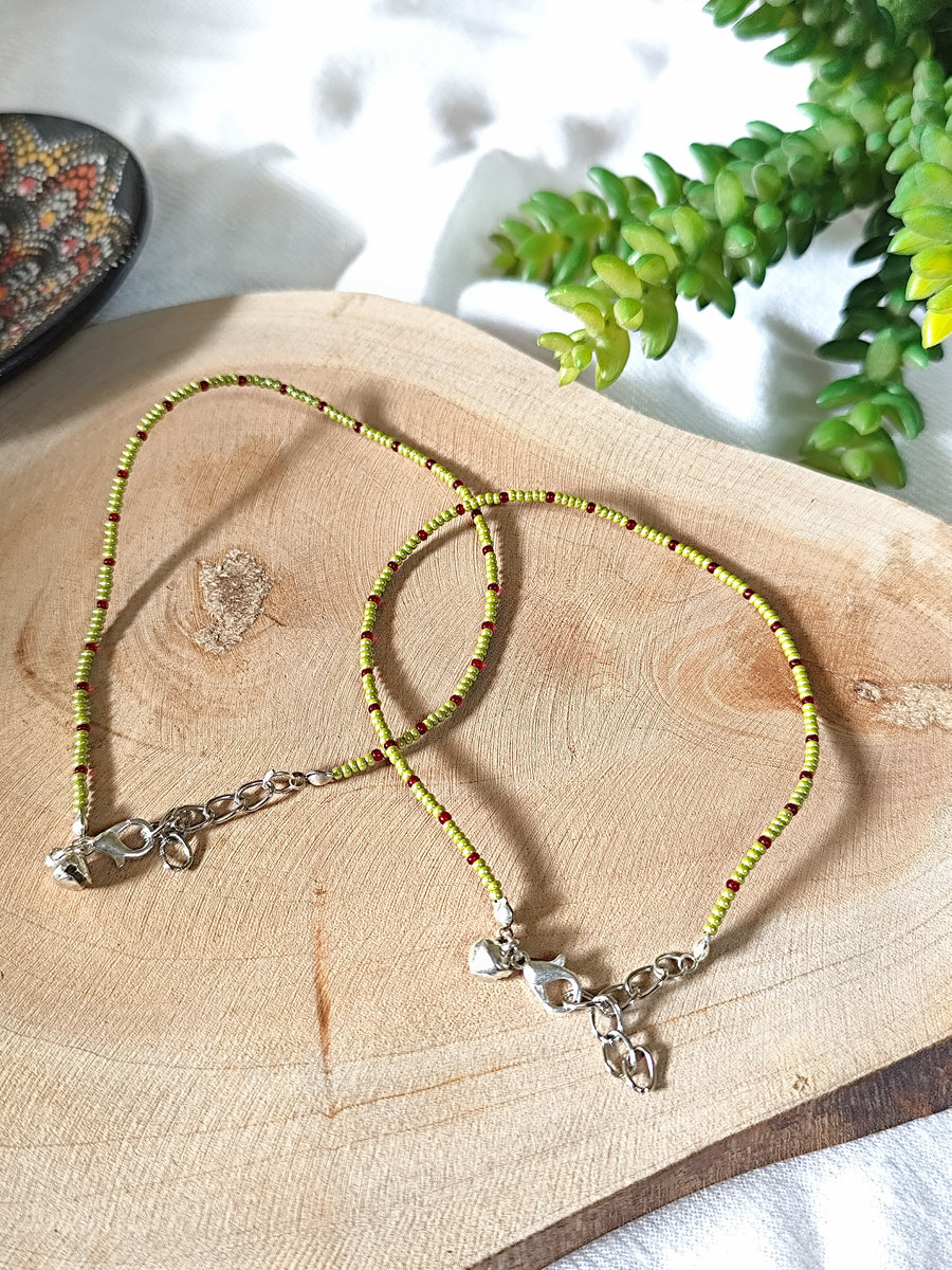 Parrot Green & Maroon Seed Beads Anklet