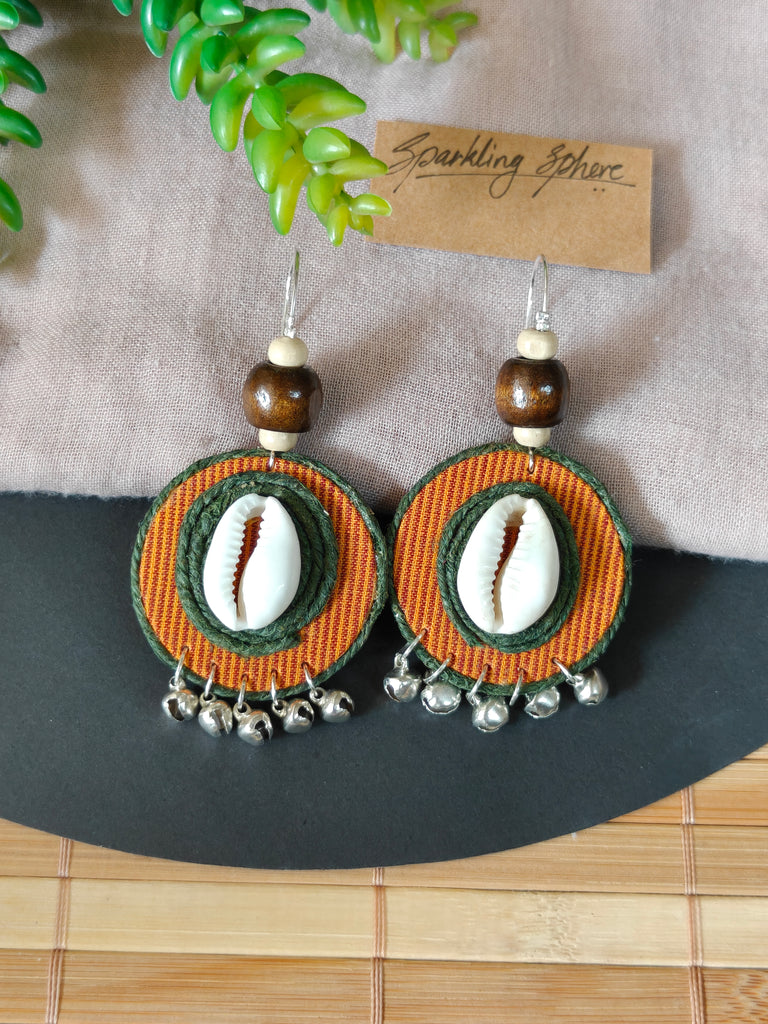 Round Yellow Ochre & Olive Green Earrings with Coweri and Ghungroo Details