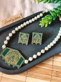 Dark Green Hand-Painted Choker Necklace Set with Pearls Design 1