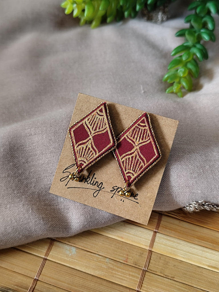 Maroon Hand-painted Earrings with Golden Motif Diamond shape
