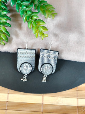 Grey & Black Earrings with Coin and Chain Details