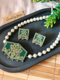 Dark Green Hand-Painted Choker Necklace Set with Pearls Design 2