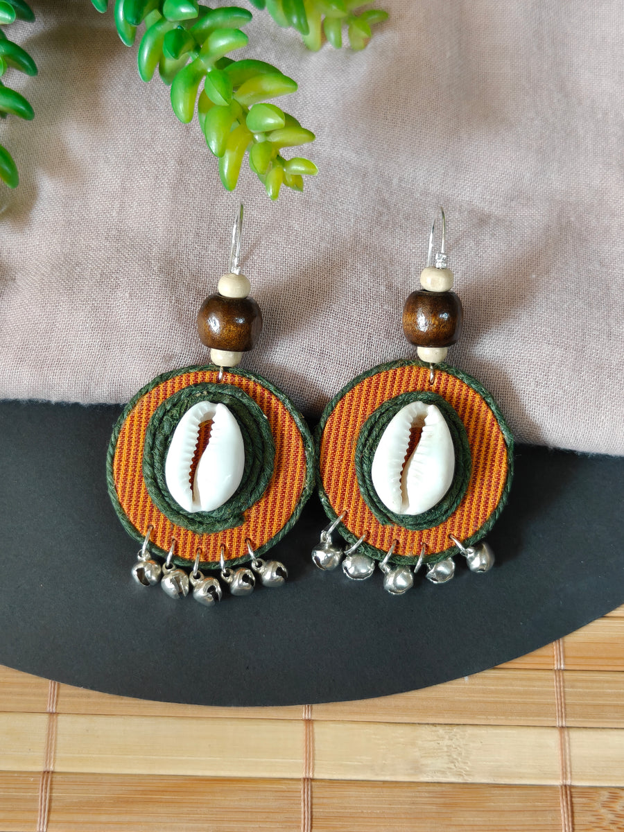 Round Yellow Ochre & Olive Green Earrings with Coweri and Ghungroo Details
