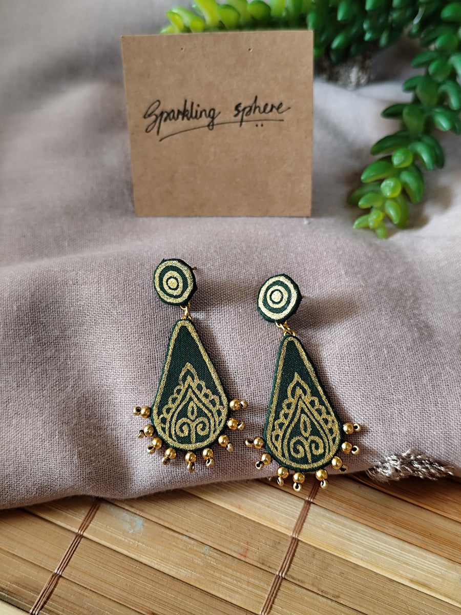 Dark Green Hand-painted Earrings with Golden Motif Drop Shape and Beads