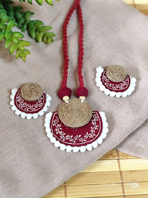 Maroon Hand painted Border Motif Necklace Set with Jute details